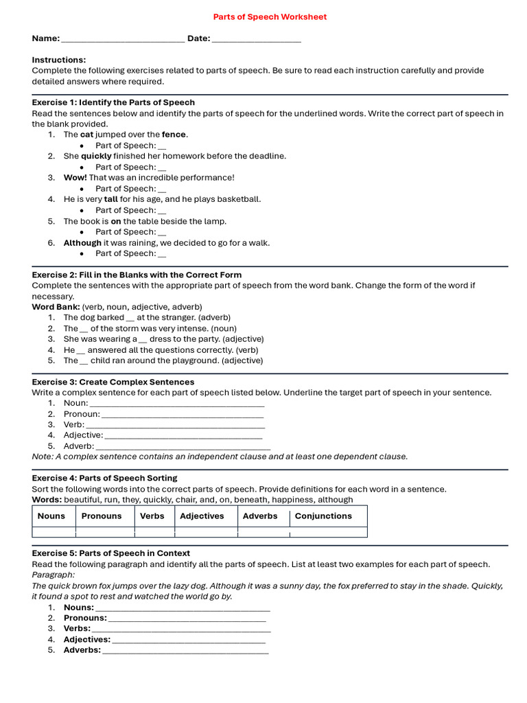 IDENTIFYING PARTS OF SPEECH WORKSHEET PDF visual data 3