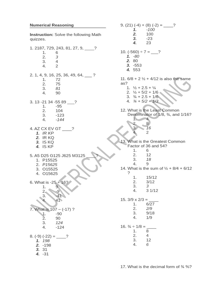 Numerical reasoning drill pdf