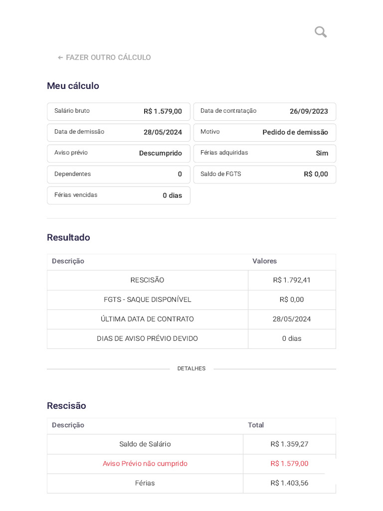 Cálculo de Rescisão com FGTS | PDF | Férias trabalhistas