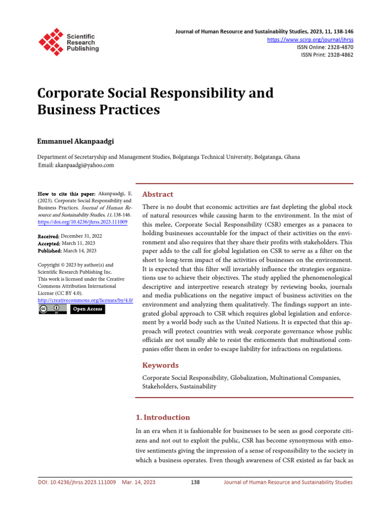2023 - Corporate Social Responsibility and Business Practices | PDF ...