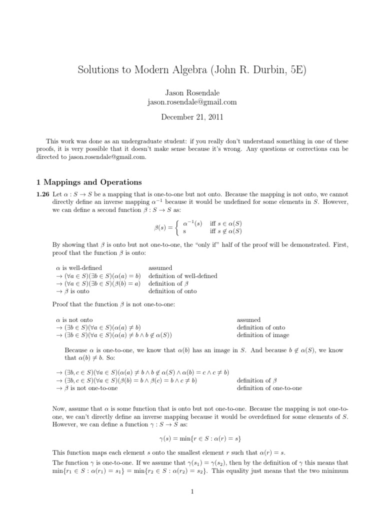 Solutions to Modern Algebra (Durbin, 5E) | Function (Mathematics) | Group  (Mathematics)