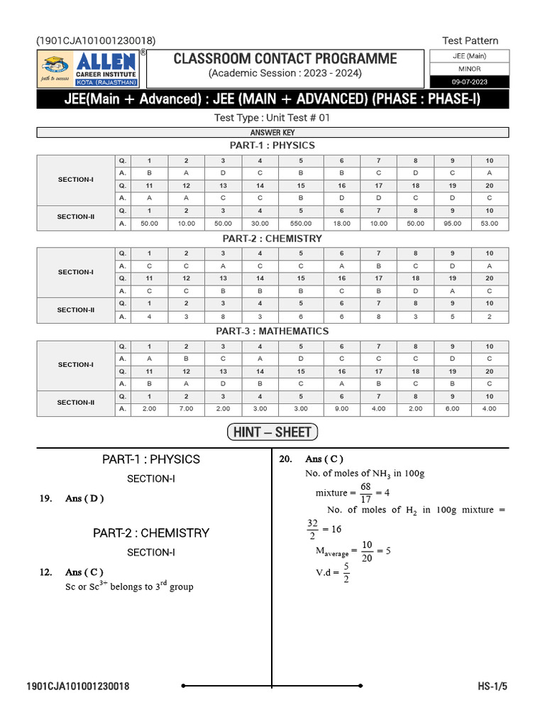 0907 - Nurture Xenon - Ph-I - Paper-1 - Answer Key + Solution | PDF