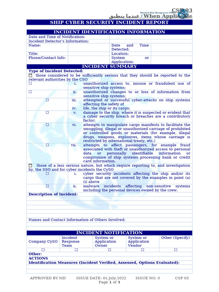 CSP03 - Ship Cyber Security Incident Report | PDF