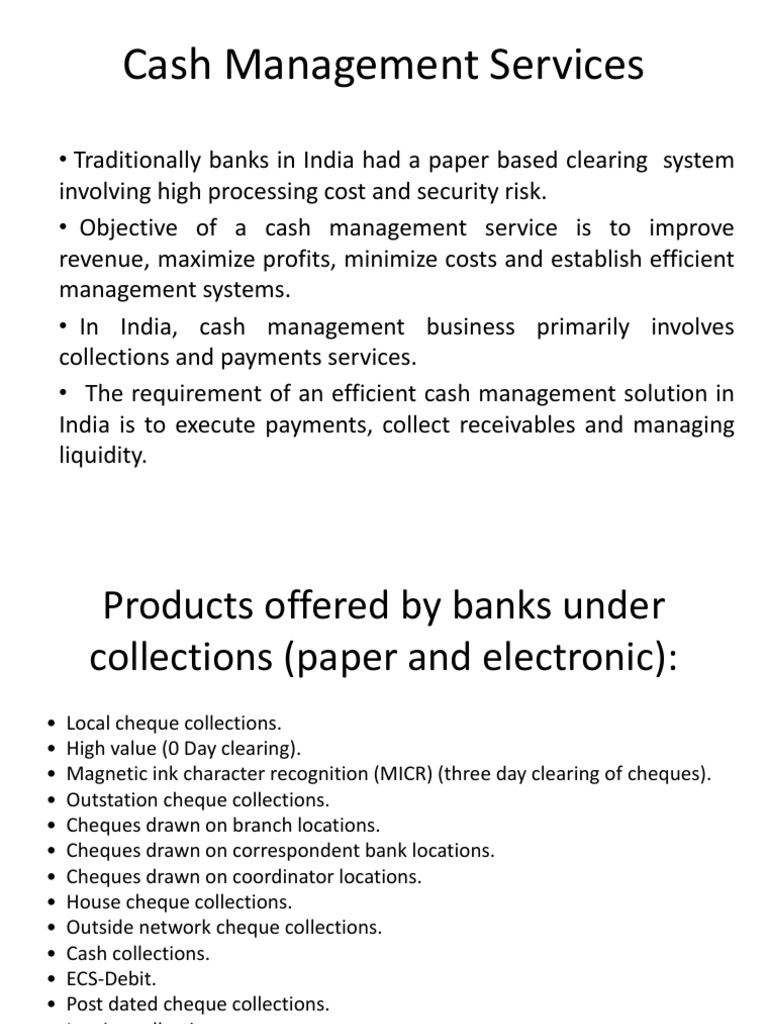 Overview of Cash Management Services in India | PDF | Cheque | Clearing ...
