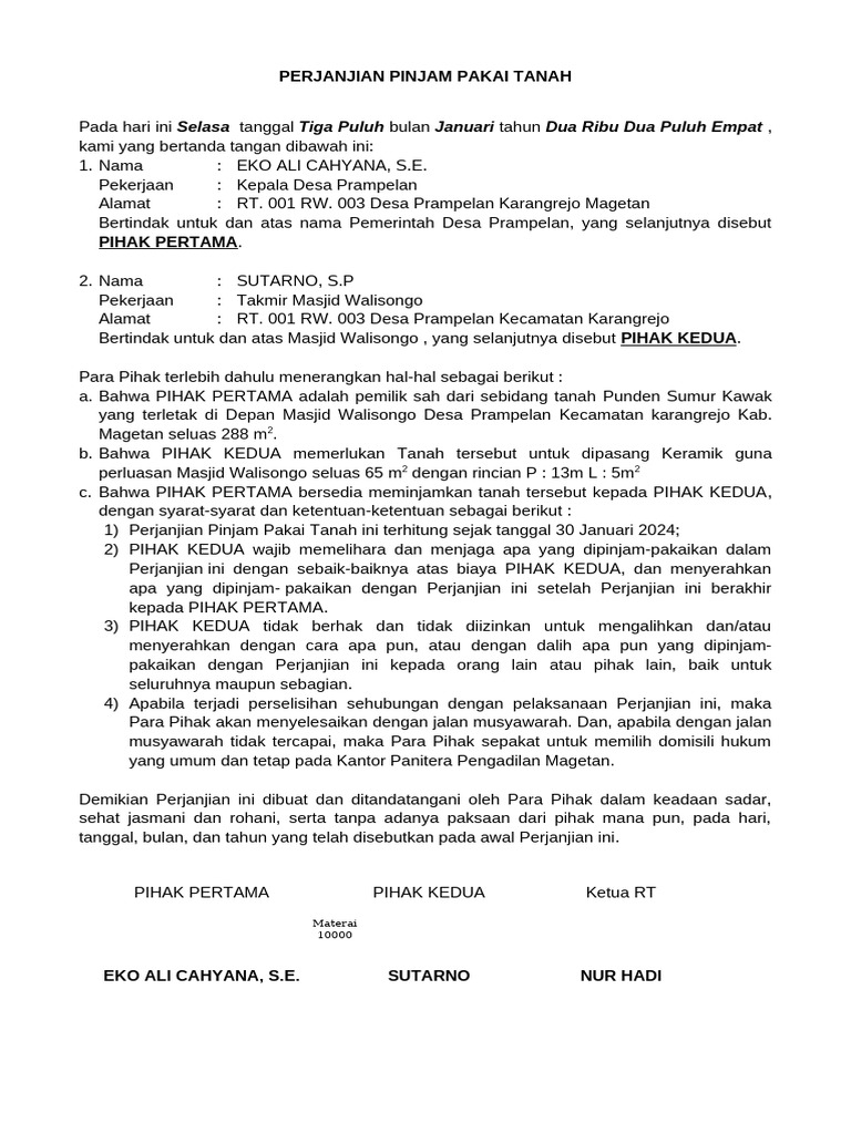 Perjanjian Pinjam Pakai Tanah | PDF