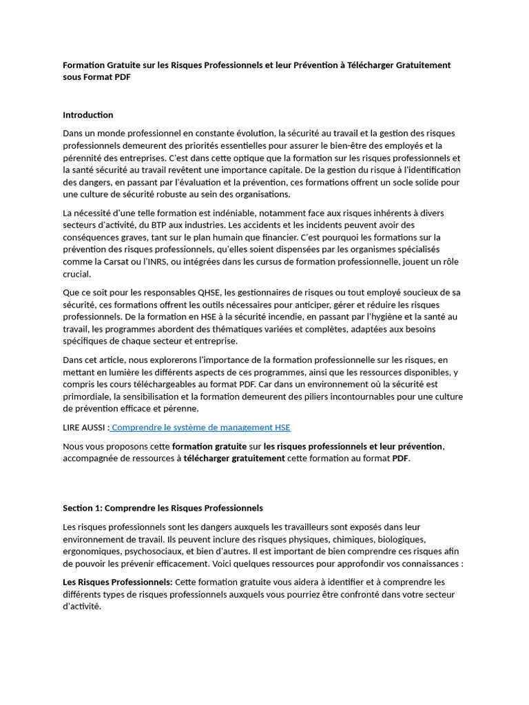 Formation gratuite sur les risques professionnels et leur pr vention 