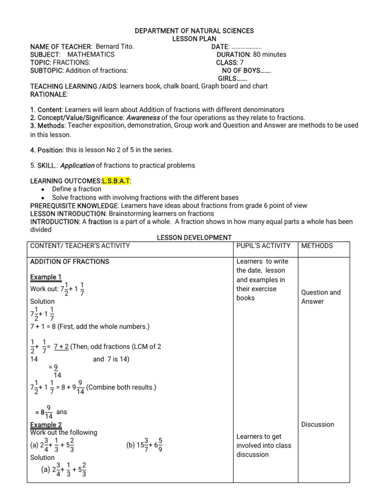 Grade 7 Mathematicts Lesson Plans | PDF