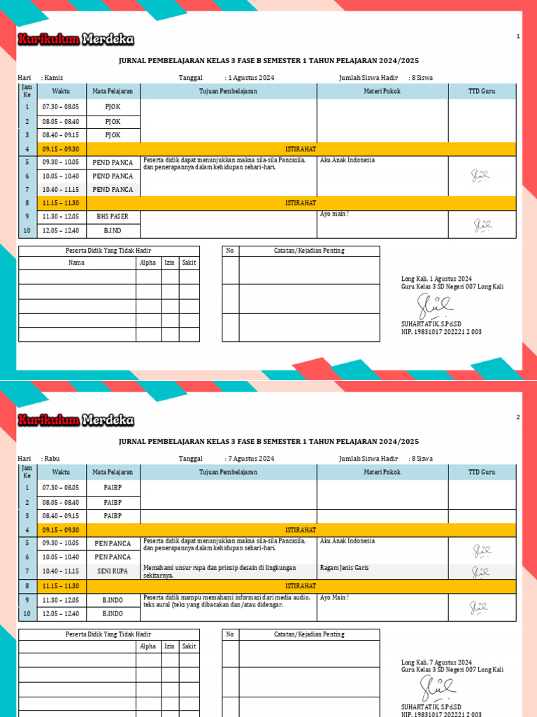 Jurnal Harian Kelas 3 Semester 1 | PDF