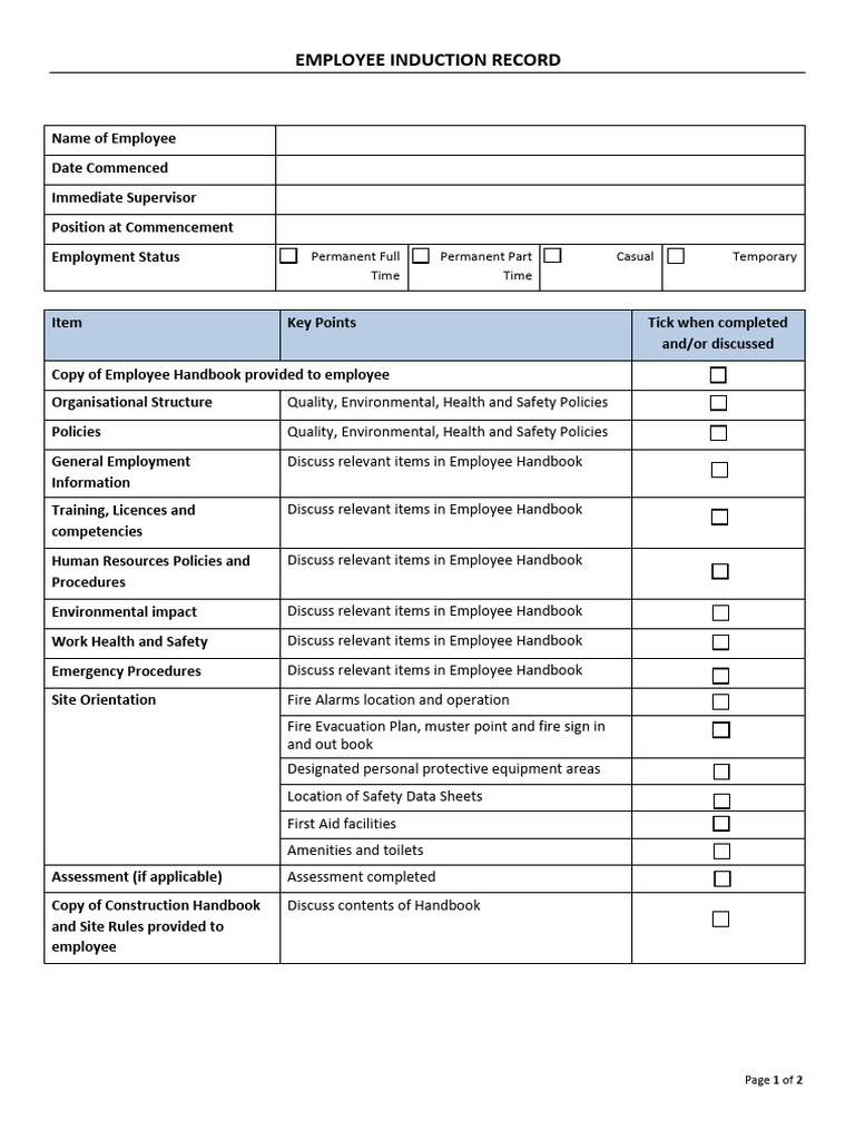 Employee Workplace Induction BO - EDITABLE PDF | PDF