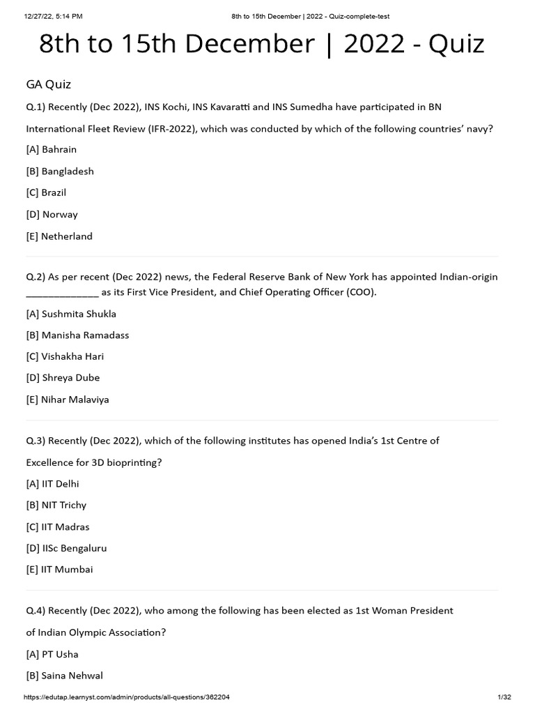 8th to 15th december 2022 quiz complete test lyst9535 pdf