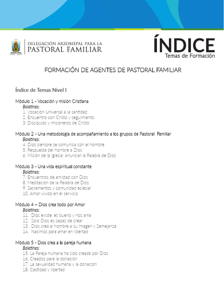 Formación de Agentes de Pastoral Familiar: Índice de Temas Nivel I ...