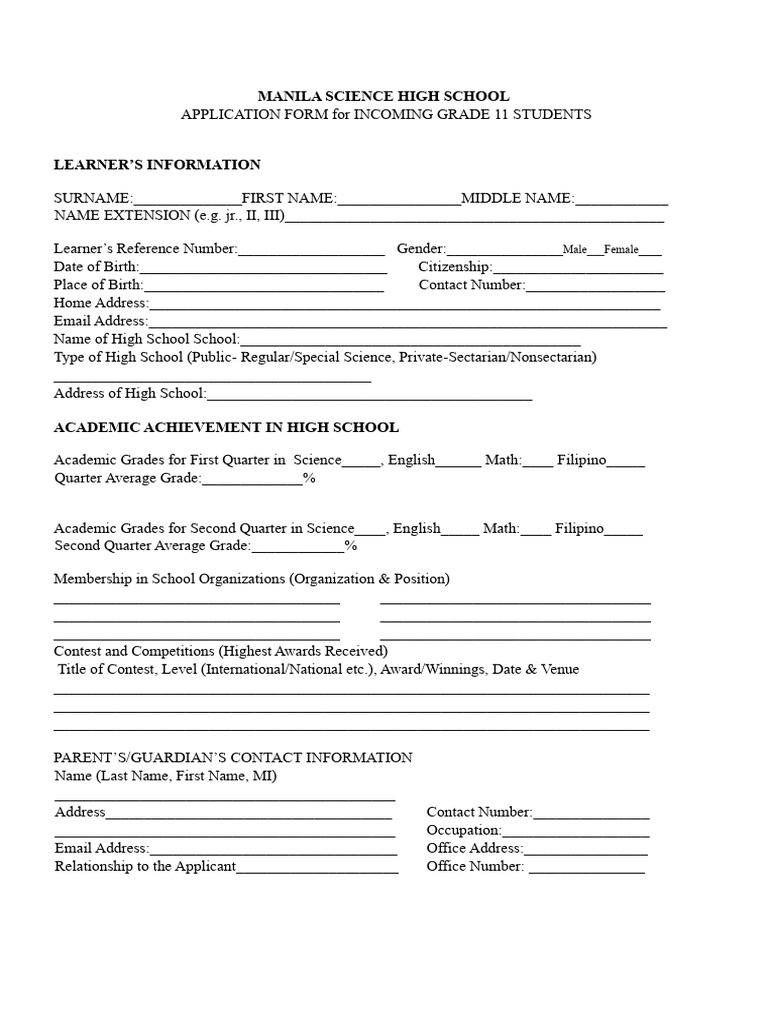 MSAT Application Form For Grade 11 | PDF