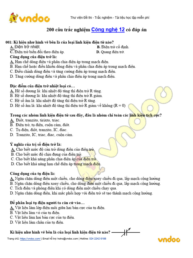 200 Cau Trac Nghiem Cong Nghe 12 Co Dap An 1 | PDF