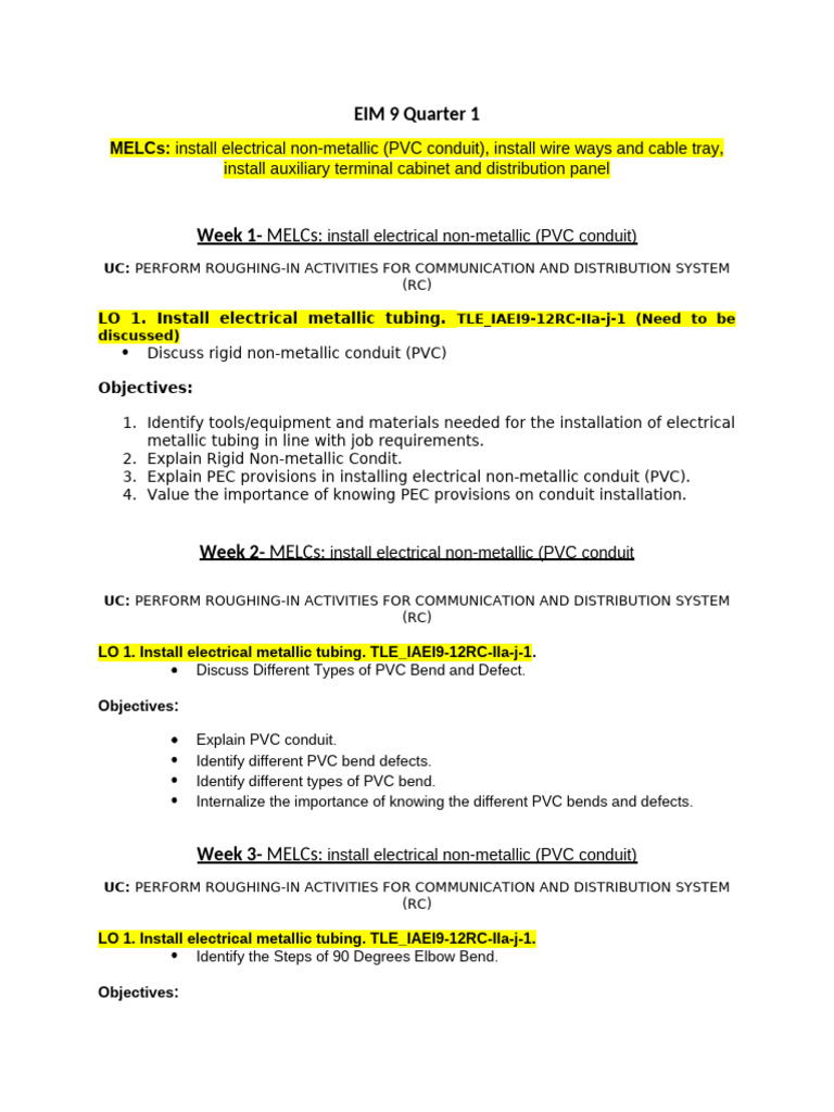 EIM 9 Quarter1.proposed BOW - MELCs | PDF | Building Engineering ...