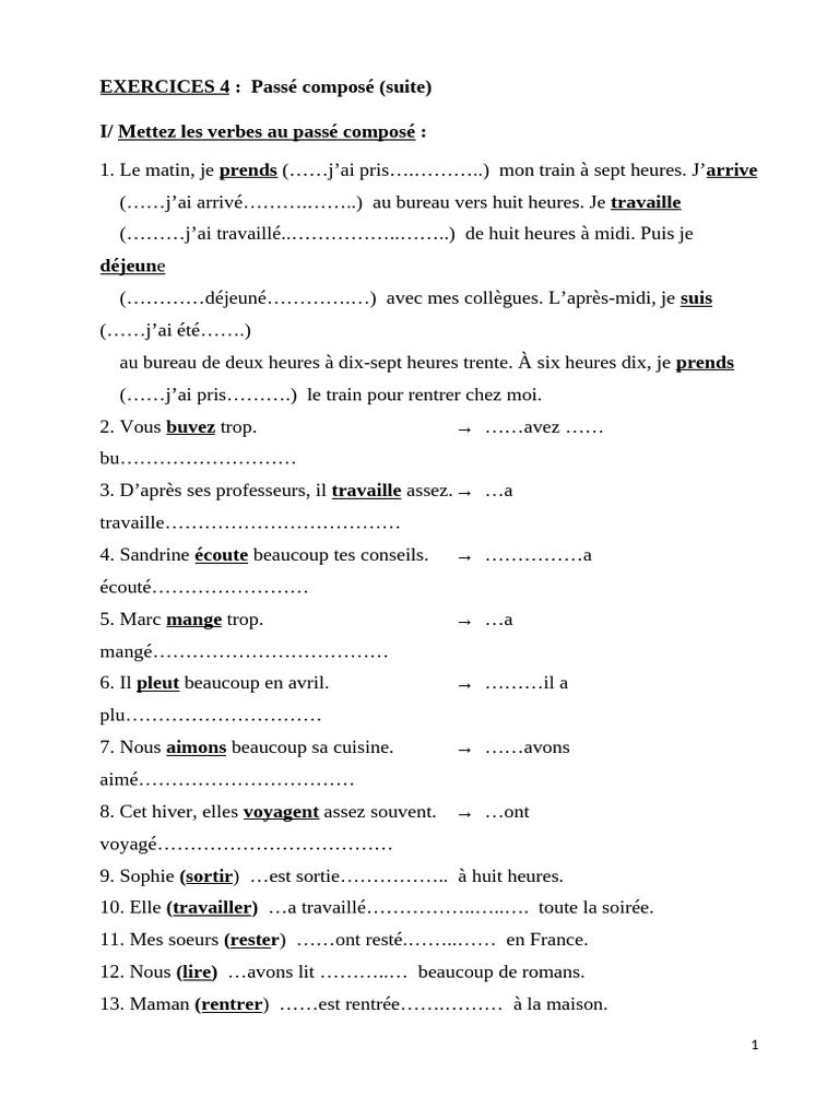 Exercices 4 Passé Composé Pdf