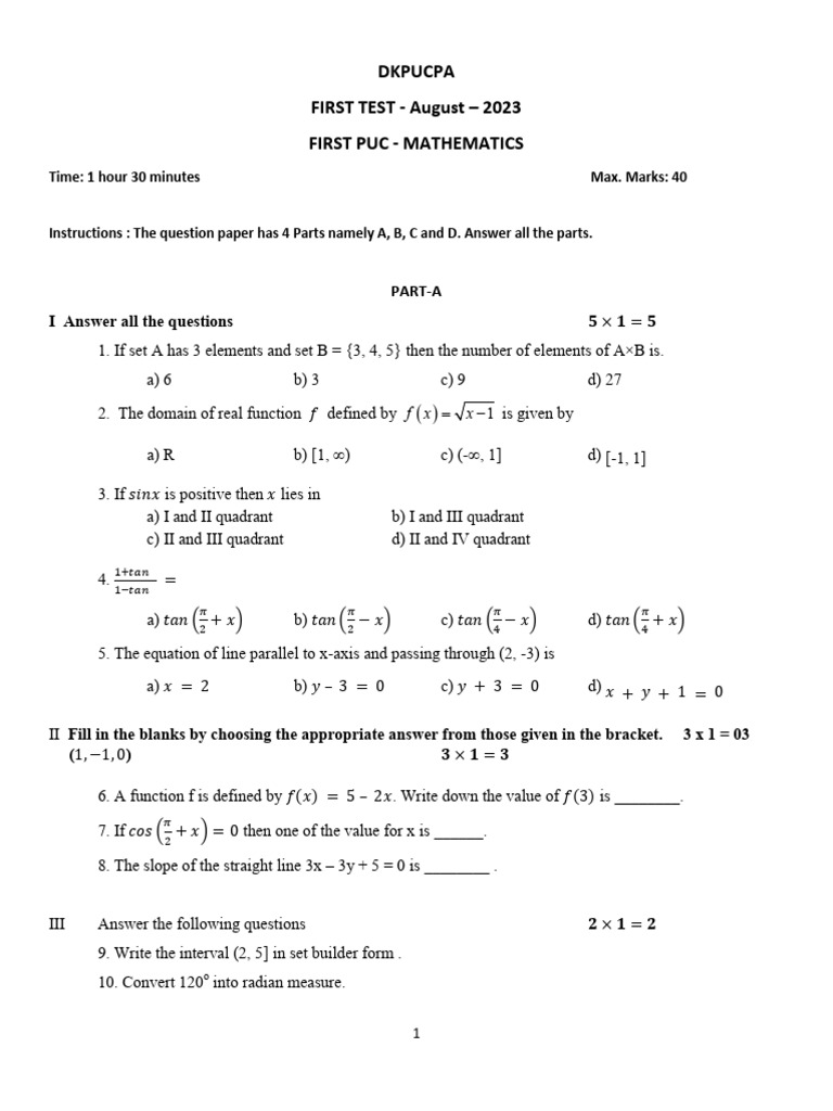 I Pu First Test Aug Dkpucpa | PDF | Function (Mathematics) | Euclidean ...
