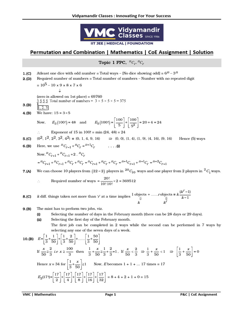 P&C-Mathematics - CoE Assignment - Solution | PDF
