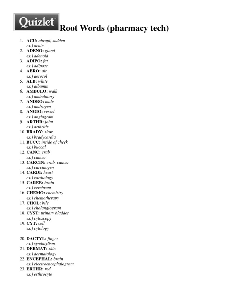 Pharmacy Tech Root Words List | PDF