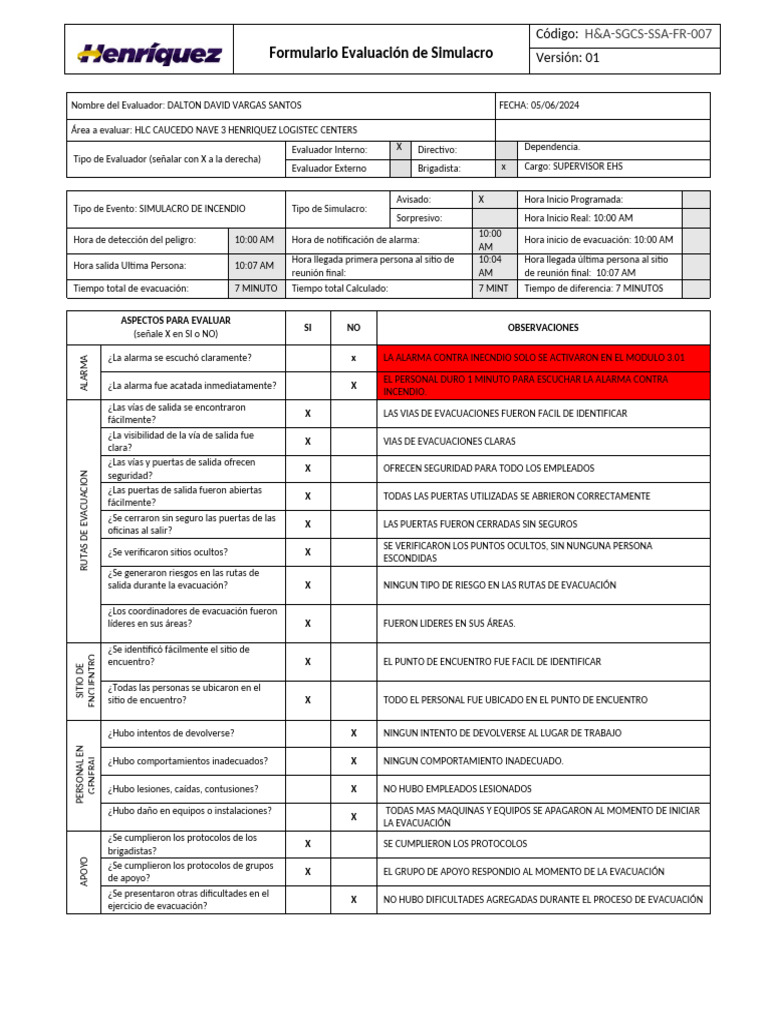 H&A-SGCS-SSA-FR-007 Formulario Evaluación de Simulacro de Incendio HLC ...