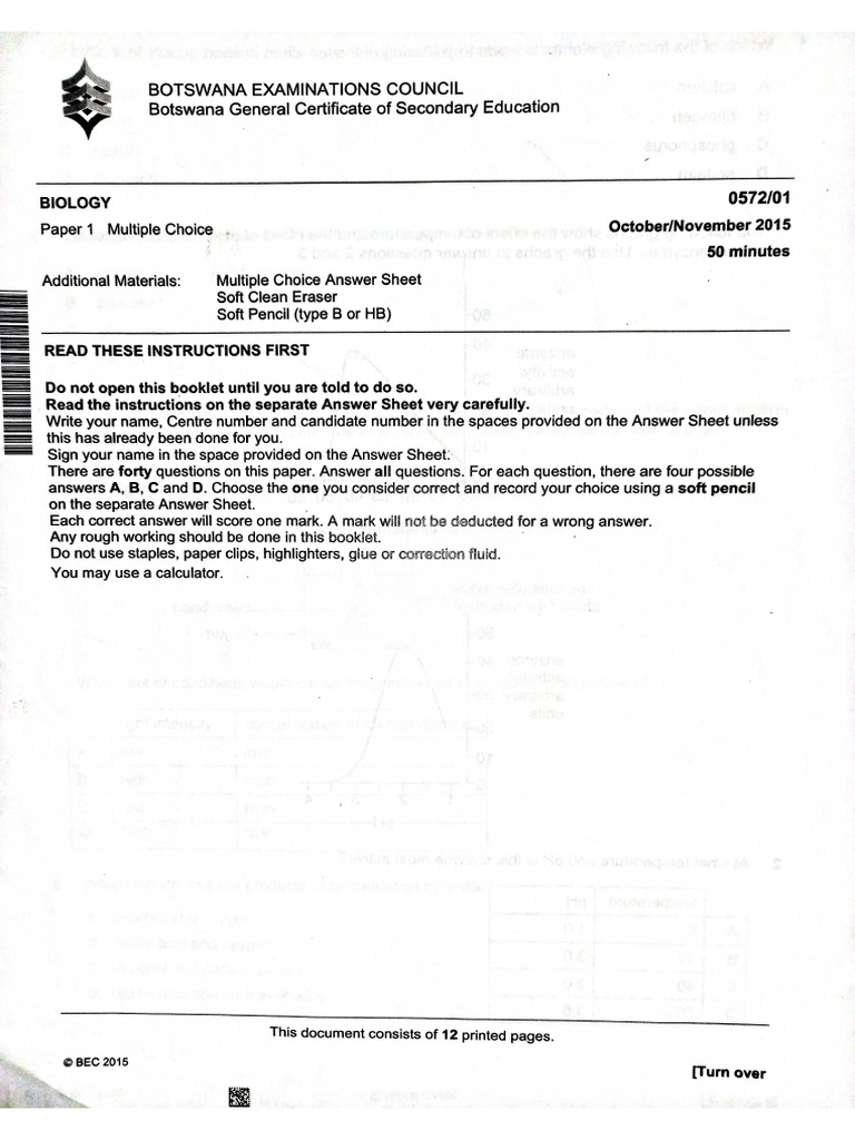 Bgcse Biology Paper 1 2015 | PDF