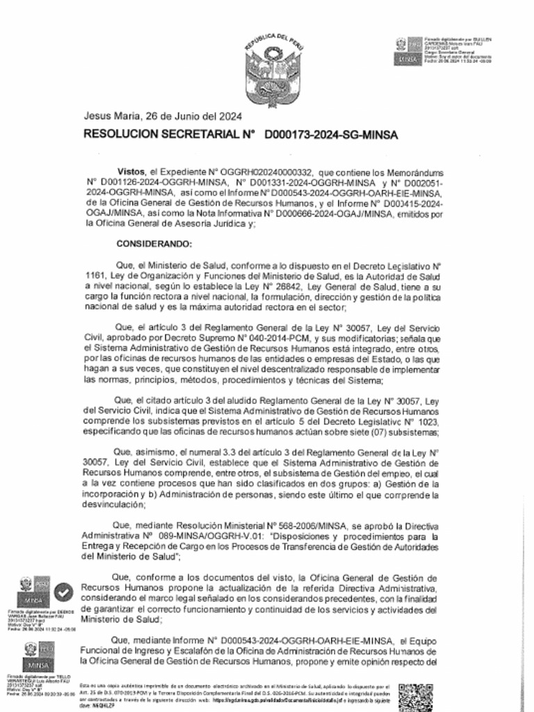 Resolucion Directoral N 173 2024 Sg Minsa Entrega De Cargo Pdf