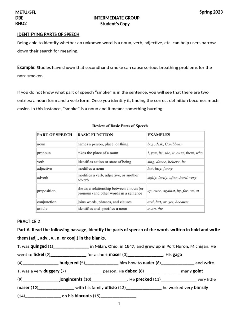 RHO2 (Identifying Parts of Speech) .St. | PDF