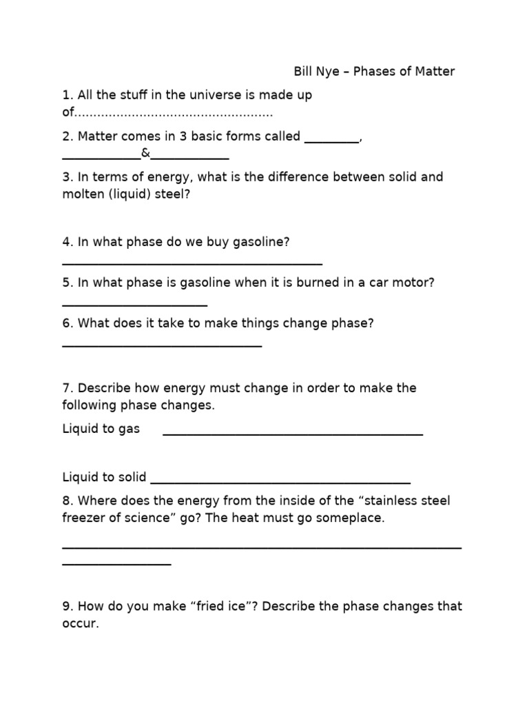 Bill Nye Phases of Matter PDF Phase (Matter) Business