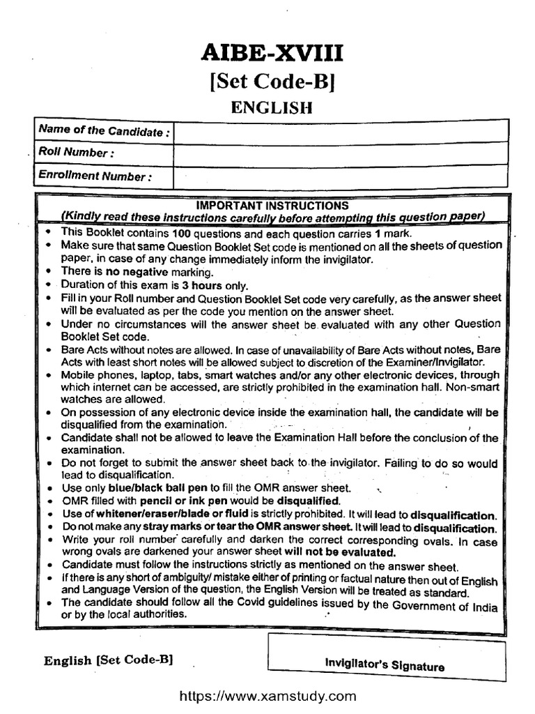 Aibe Question Paper 18 Set B English | PDF