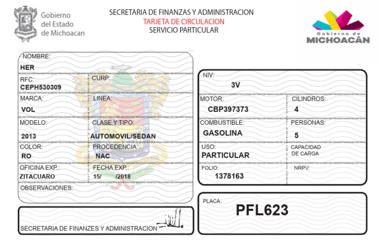 Tarjeta de Circulacion Michoacan 2 | PDF