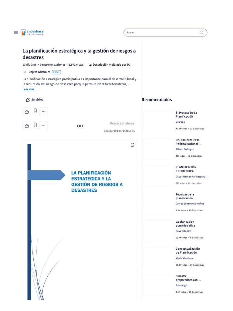 La Planificación Estratégica Y La Gestión De Riesgos A Desastres Pdf