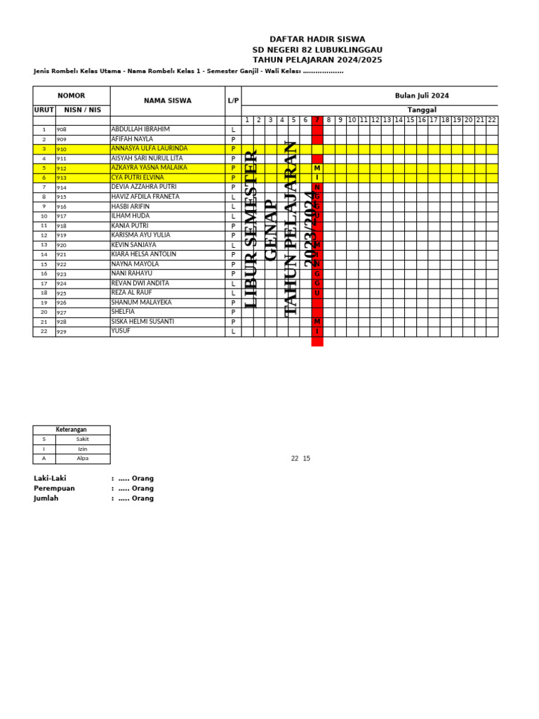 ABSEN-Siswa Kelas 1 - 6 2024-2025 | PDF