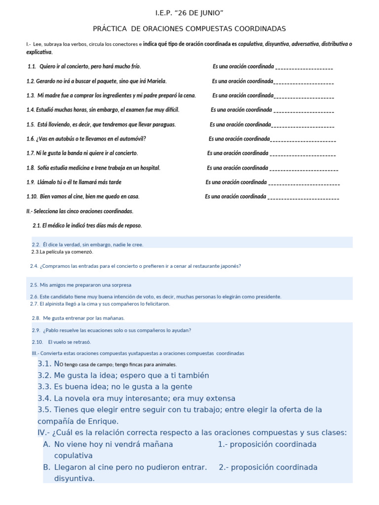 Ejercicios de Oraciones Coordinadas | PDF