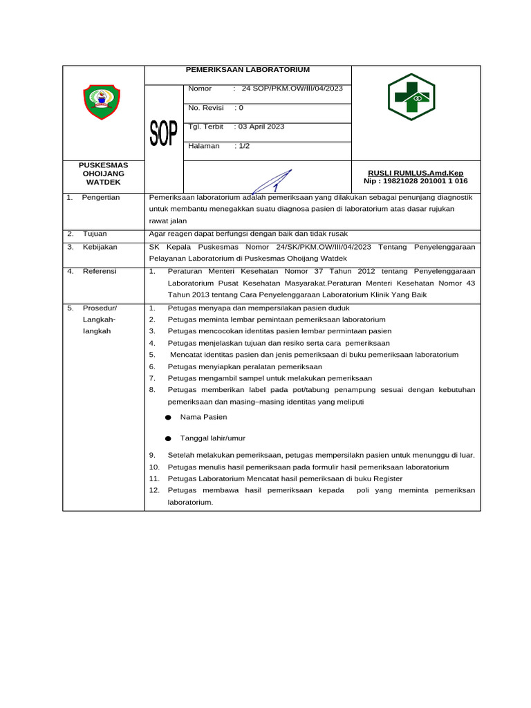 3.9.C.2.1 Sop Pemeriksaan Laboratorium | PDF
