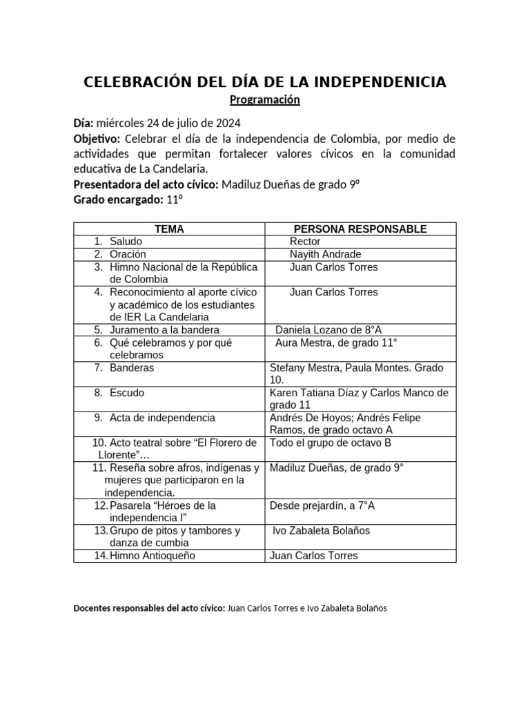 Programación Del Acto Cívico Día de La Independencia, 2024 | PDF