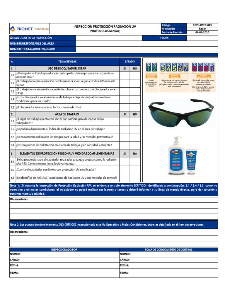 04 RGPL-HSEC-045 Check List Protección Radiación UV (Minsal) | PDF