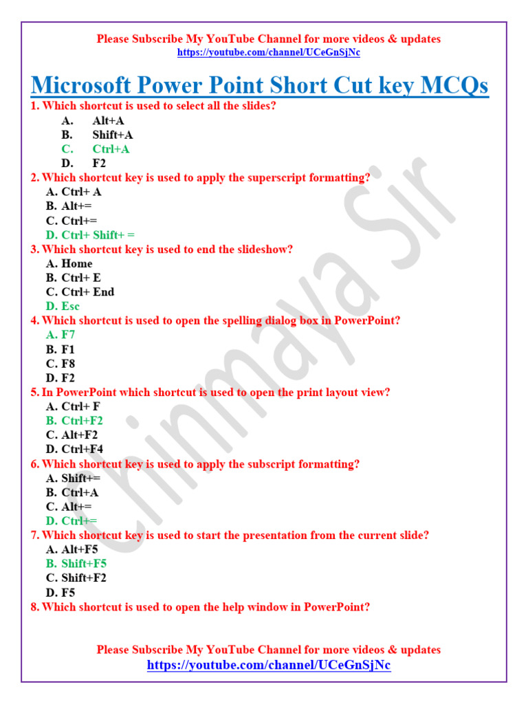 Power point shortcut keys mcq pdf