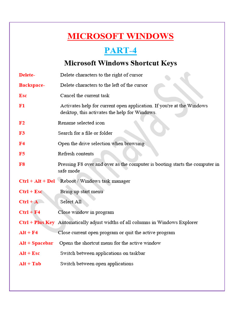 Computer Windows Shortcut Part 4 Pdf