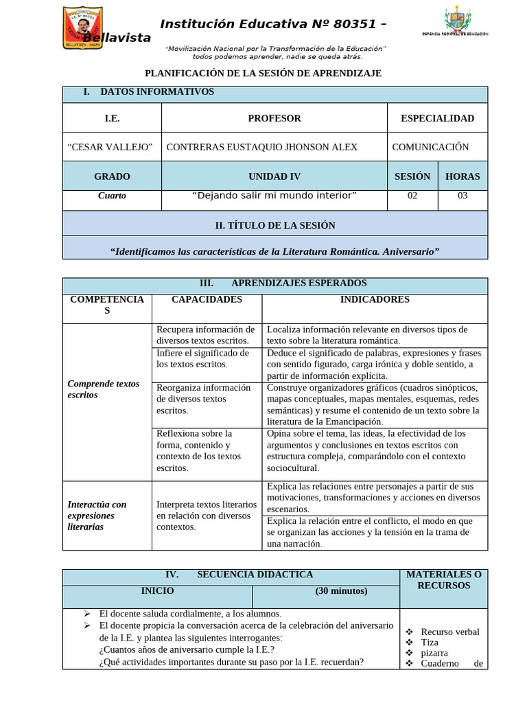 Sesion de Aprendizaje Aniversario Cuarto Grado | PDF