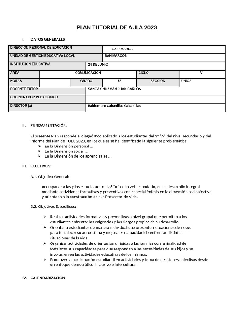 Plan Tutorial de Aula 2023 Tercero | PDF