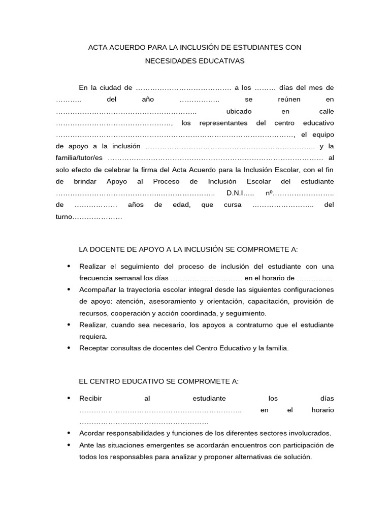Acuerdo de Inclusión Escolar para Estudiantes | PDF | Inclusión ...