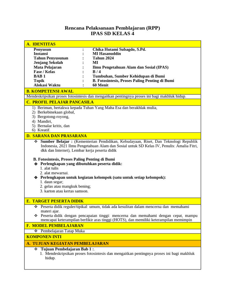 Rencana Pelaksanaan Pemblajaran (RPP) Ipas SD Kelas 4 | PDF