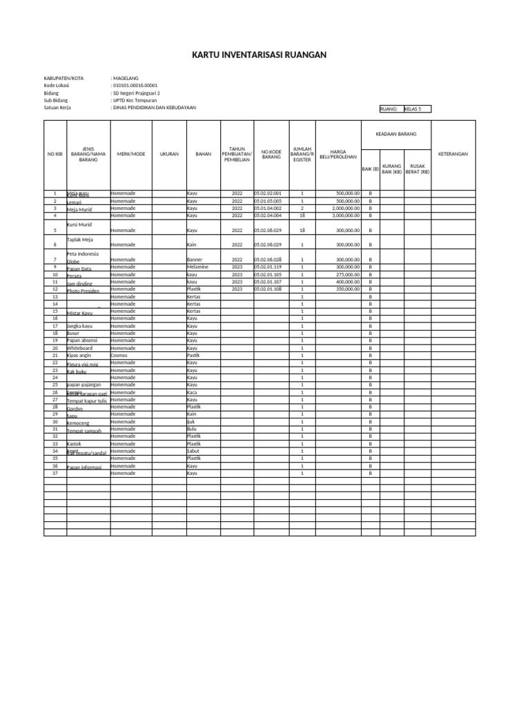 Contoh Kartu Inventarisasi Ruangan | PDF