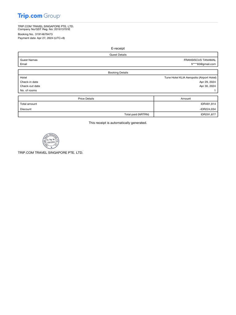 View of Hotel Booking E-receipt | PDF