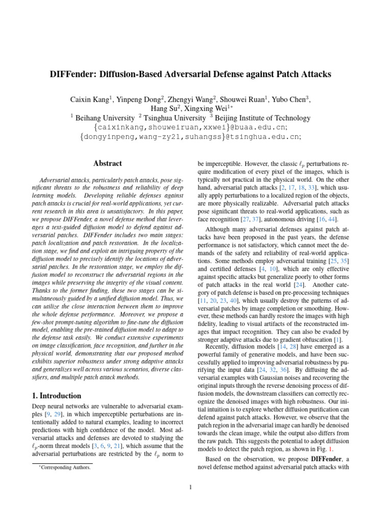 Diffender diffusion based adversarial defense against patch attacks pdf