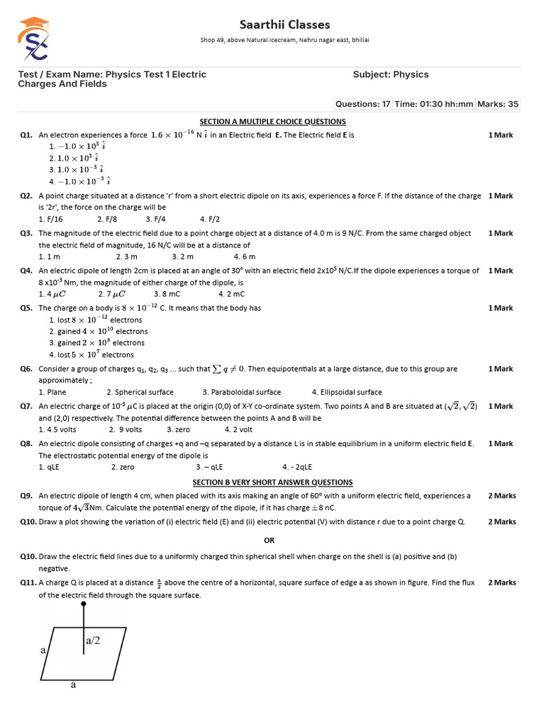 Test 1 Electric Field and Potential | PDF