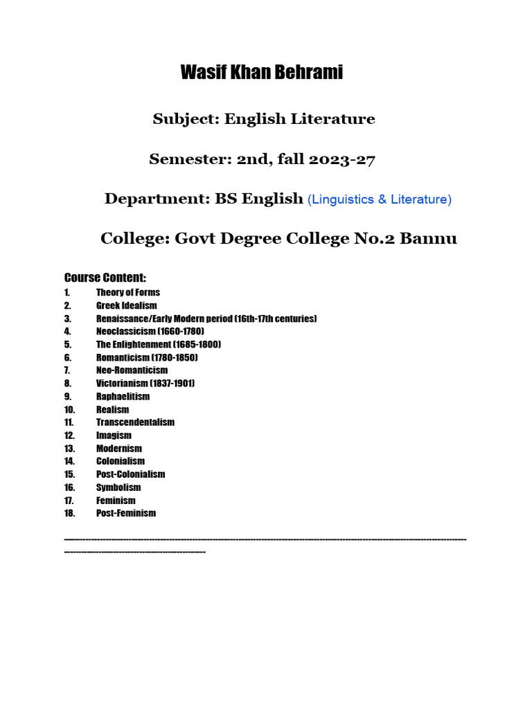 Eng Literature Notes by Wasif Behrami | PDF