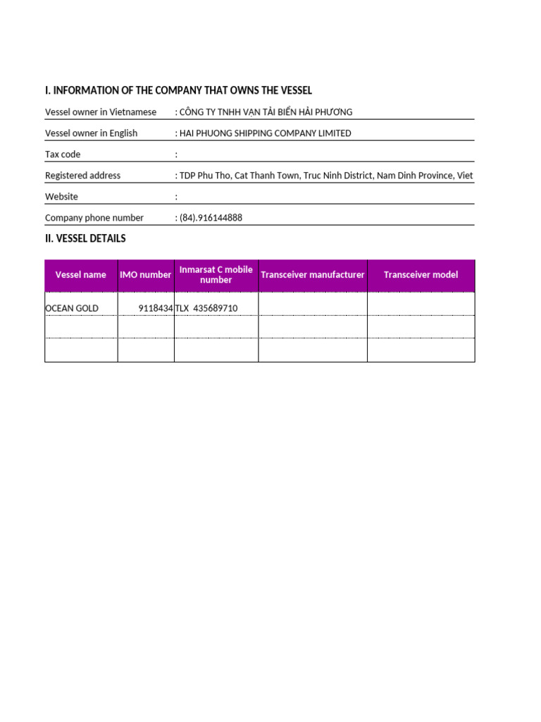 Registration Form-Inmartsat C (Flagged Panama and Liberia) | PDF