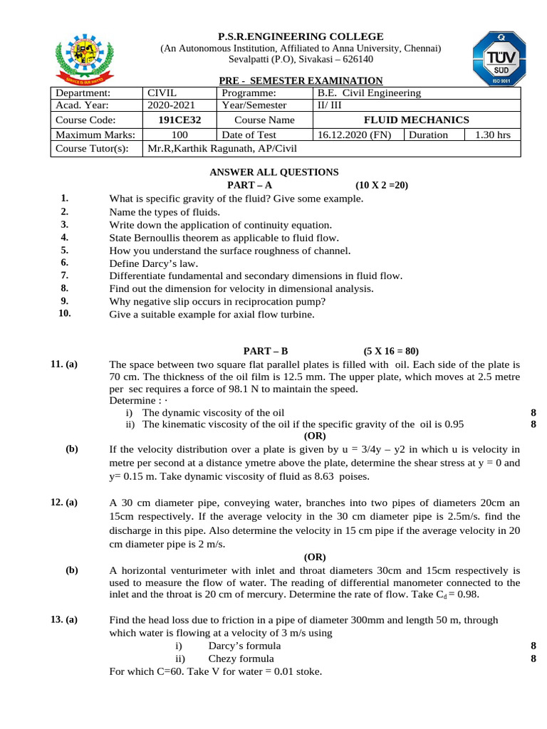 Fluid Mechanics Exam Paper B.E. Civil | PDF | Fluid Dynamics | Viscosity