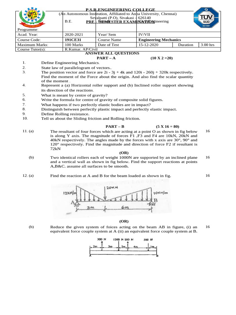 Engineering Mechanics Exam Paper 2020 | PDF | Force | Science & Mathematics