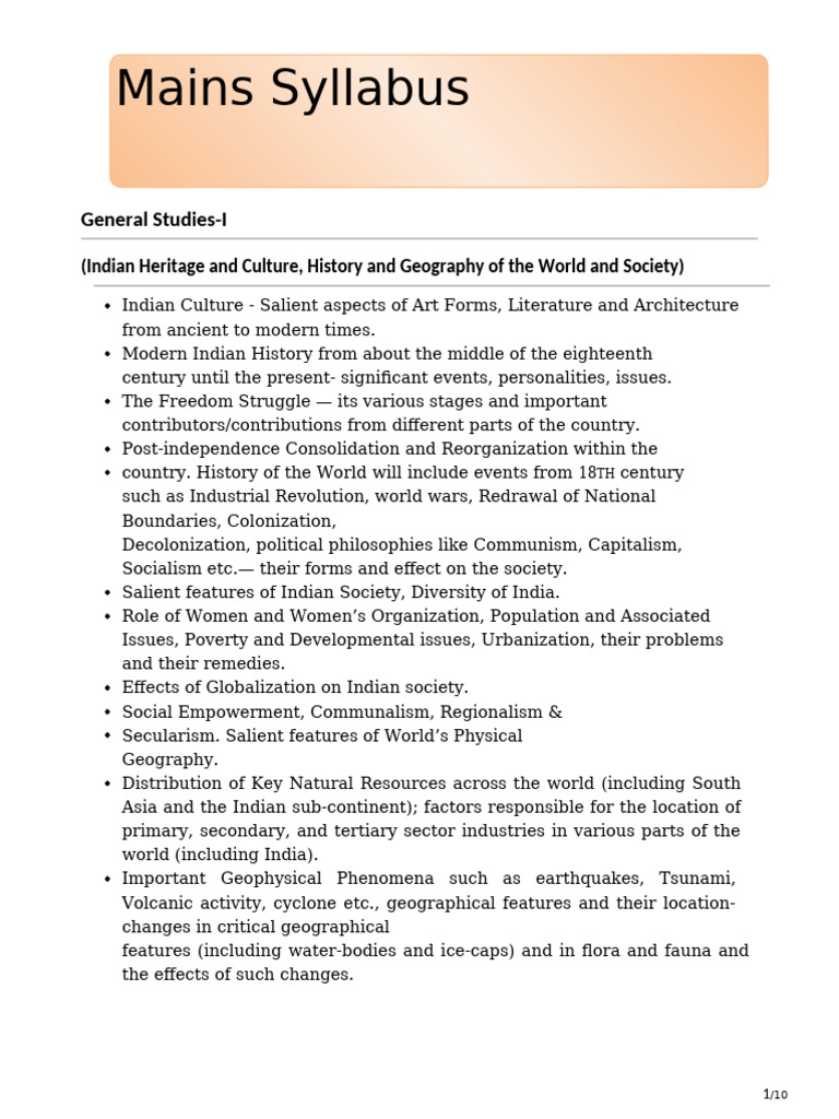 UPSC MAINS GS 1 SYLLABUS | PDF